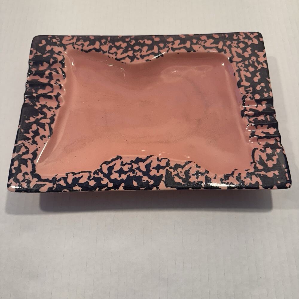 VTG Mid-Century Modern Pink & Black Splatter Ceramic Ashtray Retro Rectangular